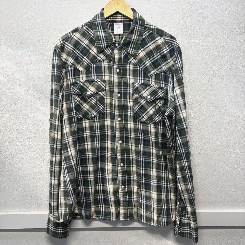 True Religion Men's 3x Green Plaid Flannel Western Pearl Snap Button-Up Shirt